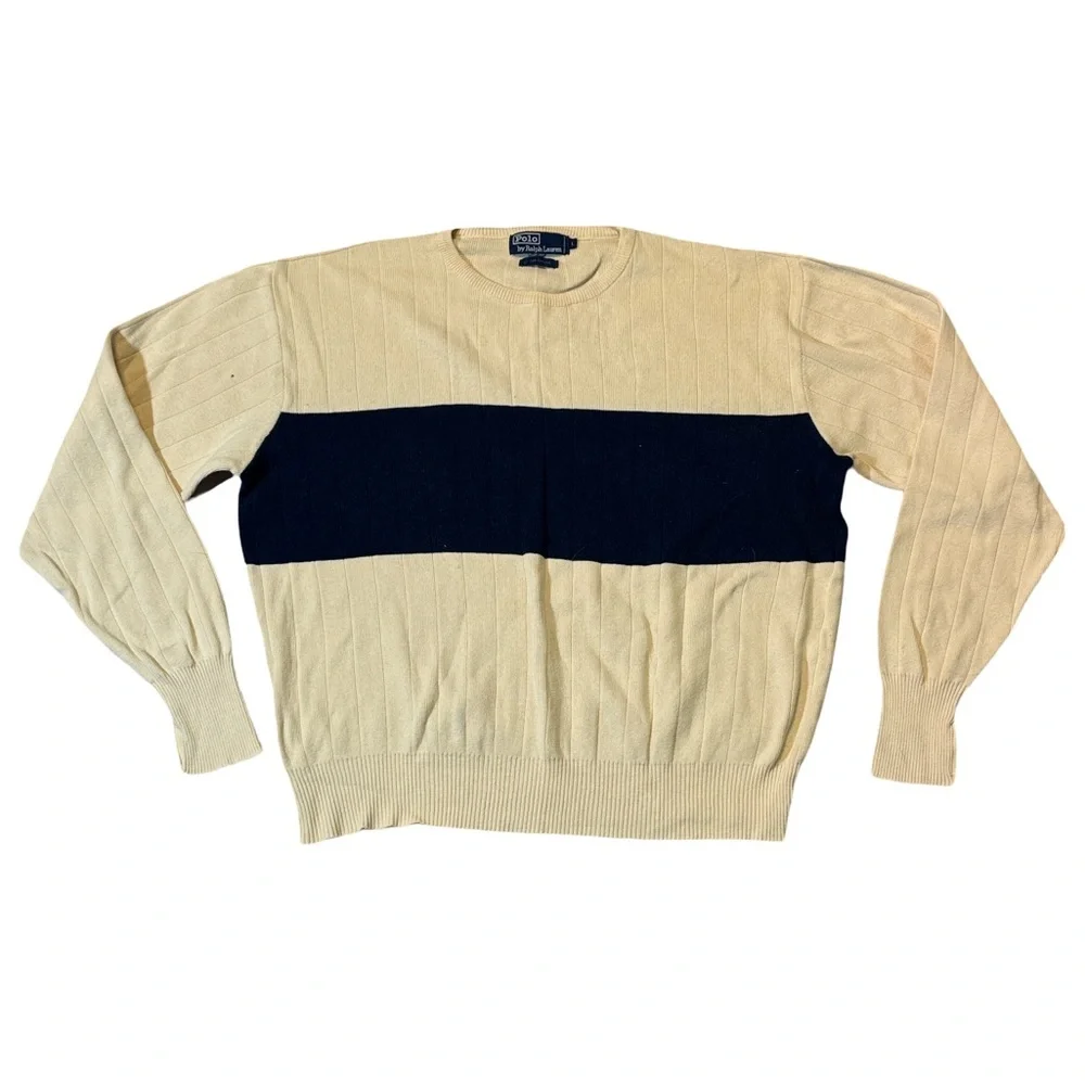 VINTAGE Polo Ralph Lauren mens L Large cream navy blue 100% cotton sweater